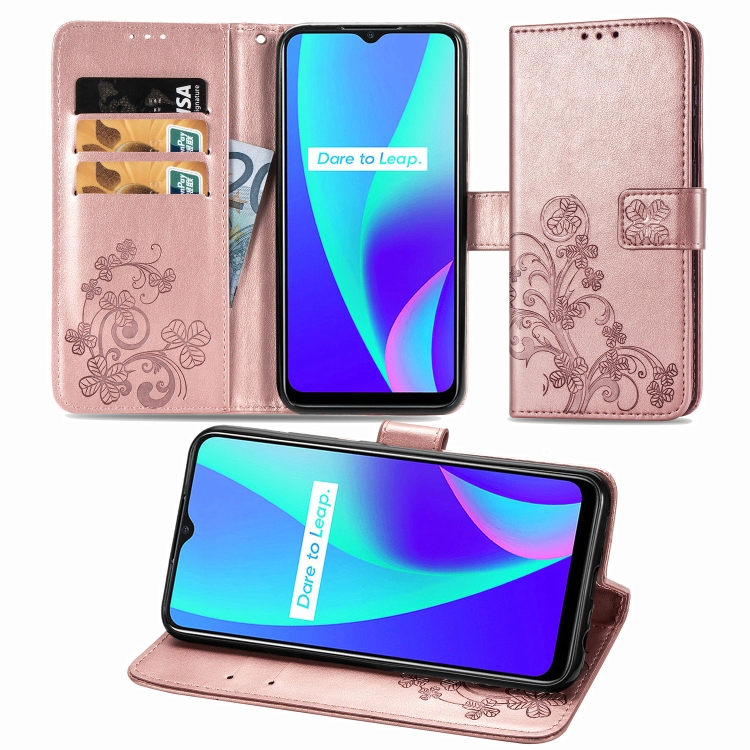 

For OPPO Realme C15 Four-leaf Clasp Embossed Buckle Mobile Phone Protection Leather Case with Lanyard & Card Slot & Wallet & Holder(Rose Gold)