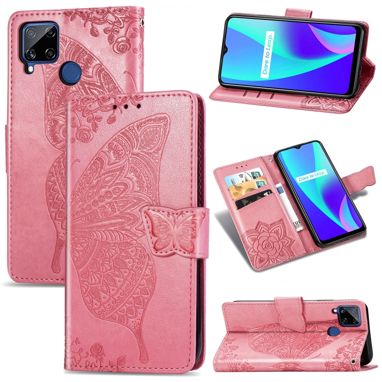 

For OPPO Realme C15 Butterfly Love Flower Embossed Horizontal Flip Leather Case with Holder & Card Slots & Wallet & Lanyard(Pink)
