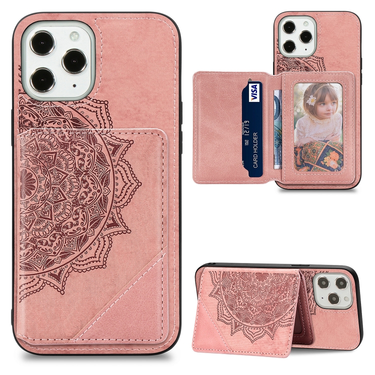 

For iPhone 12 Pro / 12 Max Mandala Embossed Magnetic Cloth Case with Holder & Card Slots & Wallet & Photo Frame(Rose Gold)