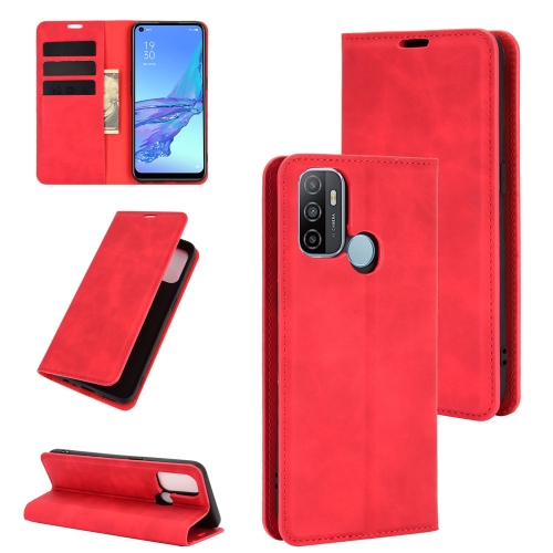 

For OPPO A53 2020/OPPO A32 2020 Retro-skin Business Magnetic Suction Leather Case with Holder & Card Slots & Wallet(Red)