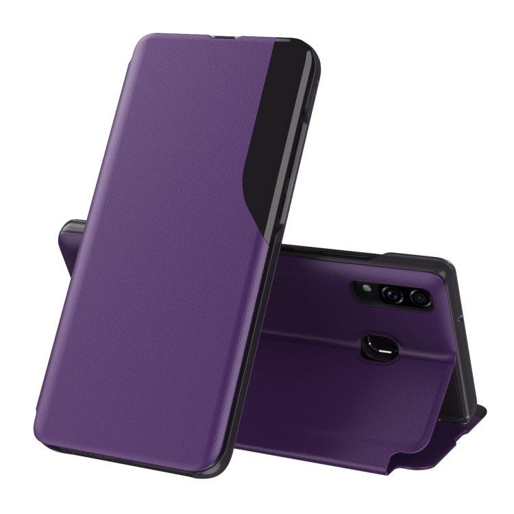 

For Samsung Galaxy A20S Side Display Magnetic Shockproof Horizontal Flip Leather Case with Holder(Purple)