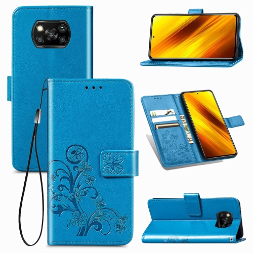 

For Xiaomi Poco X3 NFC Four-leaf Clasp Embossed Buckle Mobile Phone Protection Leather Case with Lanyard & Card Slot & Wallet & Bracket Function(Blue)