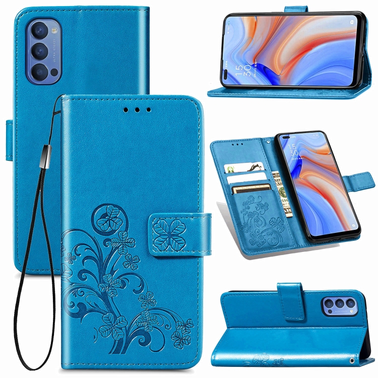 

For Oppo Reno4 4G Four-leaf Clasp Embossed Buckle Mobile Phone Protection Leather Case with Lanyard & Card Slot & Wallet & Bracket Function(Blue)