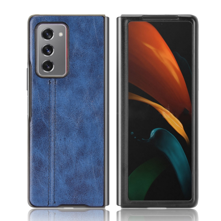 

For Samsung Galaxy Z Fold2 / Z Fold2 5G Shockproof Sewing Cow Pattern Skin PC + PU + TPU Case(Blue)