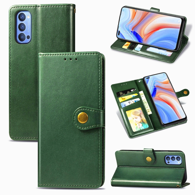 

For Oppo Reno4 4G Retro Solid Color Leather Buckle Phone Case with Lanyard & Photo Frame & Card Slot & Wallet & Stand Function(Green)