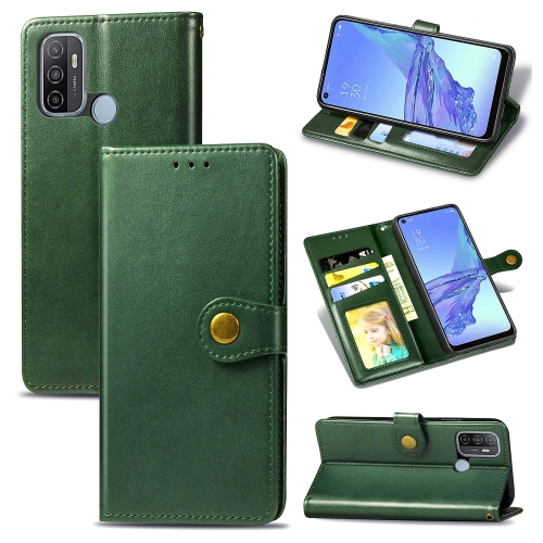 

For Oppo A53 2020 Retro Solid Color Leather Buckle Phone Case with Lanyard & Photo Frame & Card Slot & Wallet & Stand Function(Green)