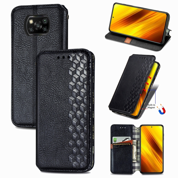

For Xiaomi Poco X3 NFC Cubic Grid Pressed Horizontal Flip Magnetic PU Leather Case with Holder & Card Slots & Wallet(Black)
