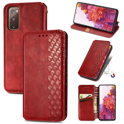 

For Galaxy S20 FE(4G/5G) / S20 Lite Cubic Grid Pressed Horizontal Flip Magnetic PU Leather Case with Holder & Card Slots & Wallet(Red)