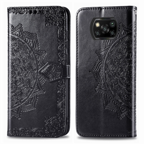 

For Xiaomi Poco X3 NFC Mandala Flower Embossed Horizontal Flip Leather Case with Bracket / Card Slot / Wallet / Lanyard(Black)