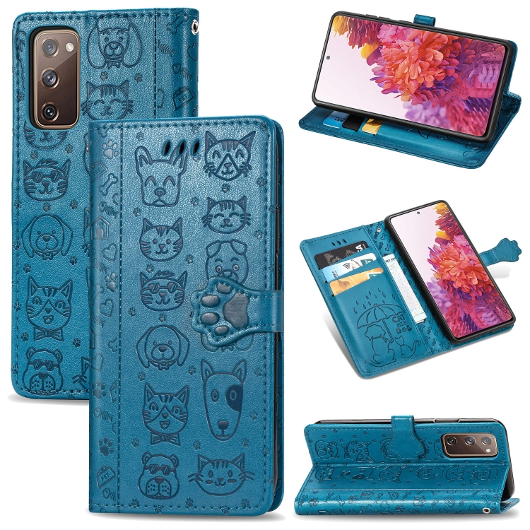 

For Galaxy S20 FE / S20 Lite Cute Cat and Dog Embossed Horizontal Flip Leather Case with Bracket / Card Slot / Wallet / Lanyard(Blue)