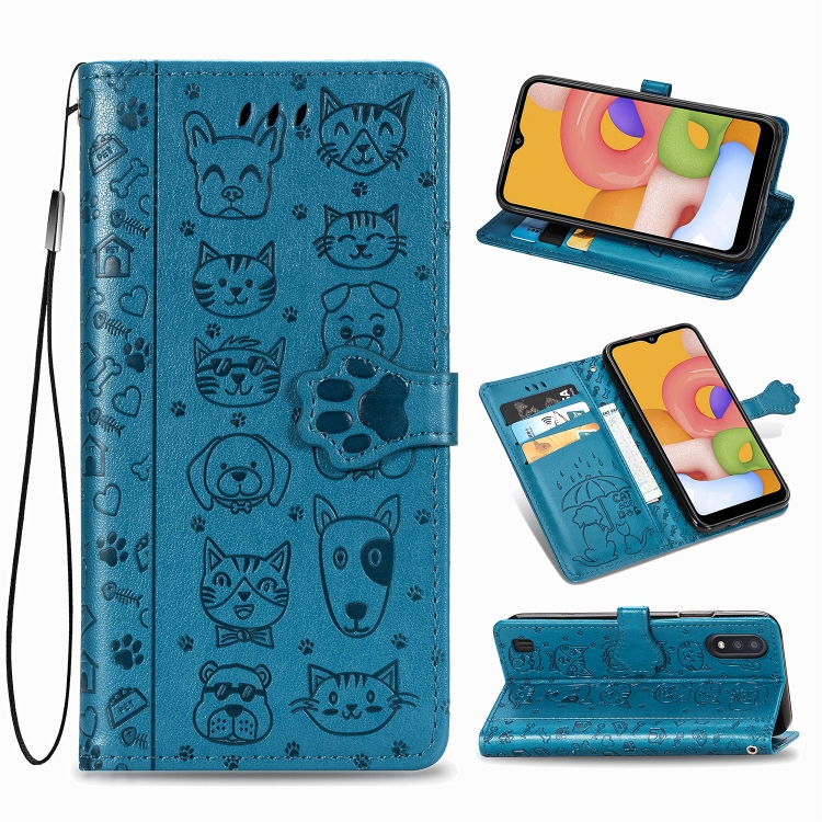 

For Galaxy A01 (US Edition) Cute Cat and Dog Embossed Horizontal Flip Leather Case with Bracket / Card Slot / Wallet / Lanyard(Blue)