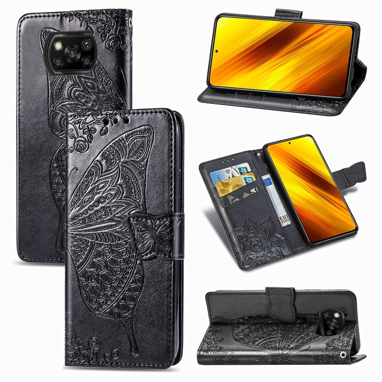 

For Xiaomi Poco X3 NFC Butterfly Love Flower Embossed Horizontal Flip Leather Case with Bracket / Card Slot / Wallet / Lanyard(Black)