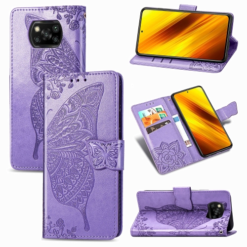 

For Xiaomi Poco X3 NFC Butterfly Love Flower Embossed Horizontal Flip Leather Case with Bracket / Card Slot / Wallet / Lanyard(Light Purple)