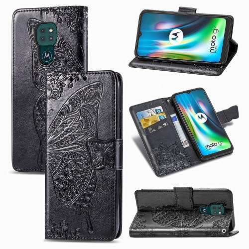 

For Moto G9 Play Butterfly Love Flower Embossed Horizontal Flip Leather Case with Bracket / Card Slot / Wallet / Lanyard(Black)