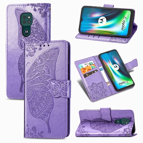 

For Moto G9 Play Butterfly Love Flower Embossed Horizontal Flip Leather Case with Bracket / Card Slot / Wallet / Lanyard(Light Purple)