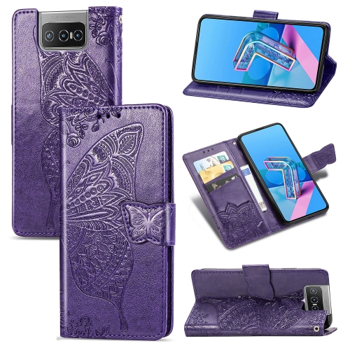 

For Asus Zenfone 7 ZS670KS Butterfly Love Flower Embossed Horizontal Flip Leather Case with Bracket / Card Slot / Wallet / Lanyard(Dark Purple)