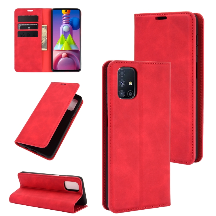 

For Samsung Galaxy M51 (Side Fingerprint) Retro-skin Business Magnetic Suction Leather Case with Holder & Card Slots & Wallet(Red)