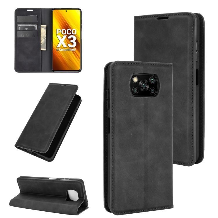 

For Xiaomi Poco X3/X3 NFC Retro-skin Business Magnetic Suction Leather Case with Holder & Card Slots & Wallet(Black)