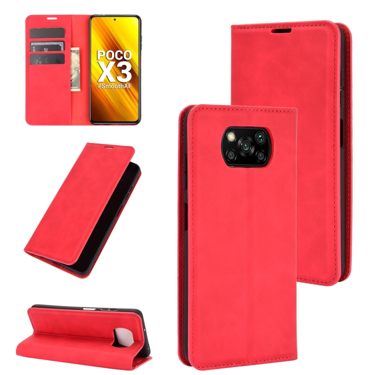 

For Xiaomi Poco X3/X3 NFC Retro-skin Business Magnetic Suction Leather Case with Holder & Card Slots & Wallet(Red)