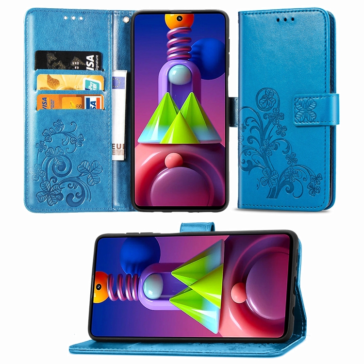 

For Samsung Galaxy M51 Four-leaf Clasp Embossed Buckle Mobile Phone Protection Leather Case with Lanyard & Card Slot & Wallet & Bracket Function(Blue)