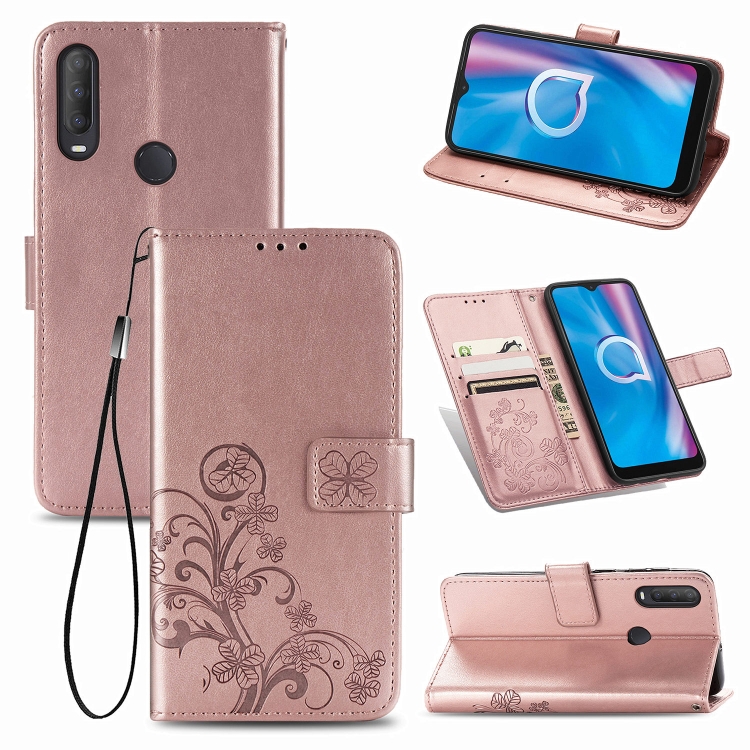 

For Alcatel 1S (2020) Four-leaf Clasp Embossed Buckle Mobile Phone Protection Leather Case with Lanyard & Card Slot & Wallet & Holder Function(Rose Gold)