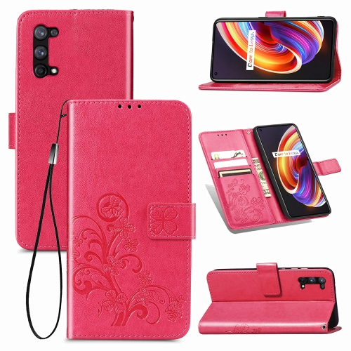 

For OPPO Realme X7 Pro Four-leaf Clasp Embossed Buckle Mobile Phone Protection Leather Case with Lanyard & Card Slot & Wallet & Bracket Function(Magenta)