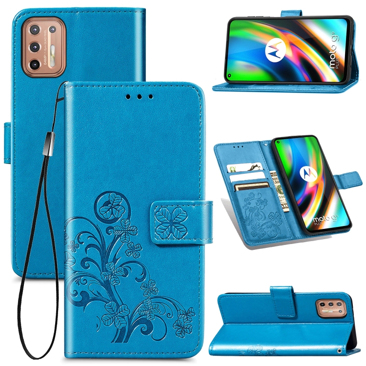 

For Motorola Moto G9 Plus Four-leaf Clasp Embossed Buckle Mobile Phone Protection Leather Case with Lanyard & Card Slot & Wallet & Bracket Function(Blue)