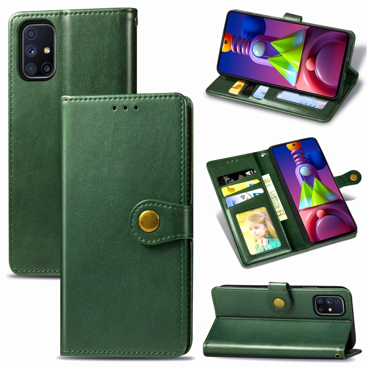 

For Samsung Galaxy M51 Retro Solid Color Leather Buckle Phone Case with Lanyard & Photo Frame & Card Slot & Wallet & Stand Function(Green)