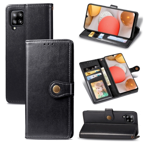 

For Samsung Galaxy A42 5G Retro Solid Color Leather Buckle Phone Case with Lanyard & Photo Frame & Card Slot & Wallet & Stand Function(Black)