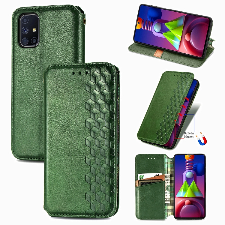 

For Samsung Galaxy M51 Cubic Grid Pressed Horizontal Flip Magnetic PU Leather Case with Holder & Card Slots & Wallet(Green)