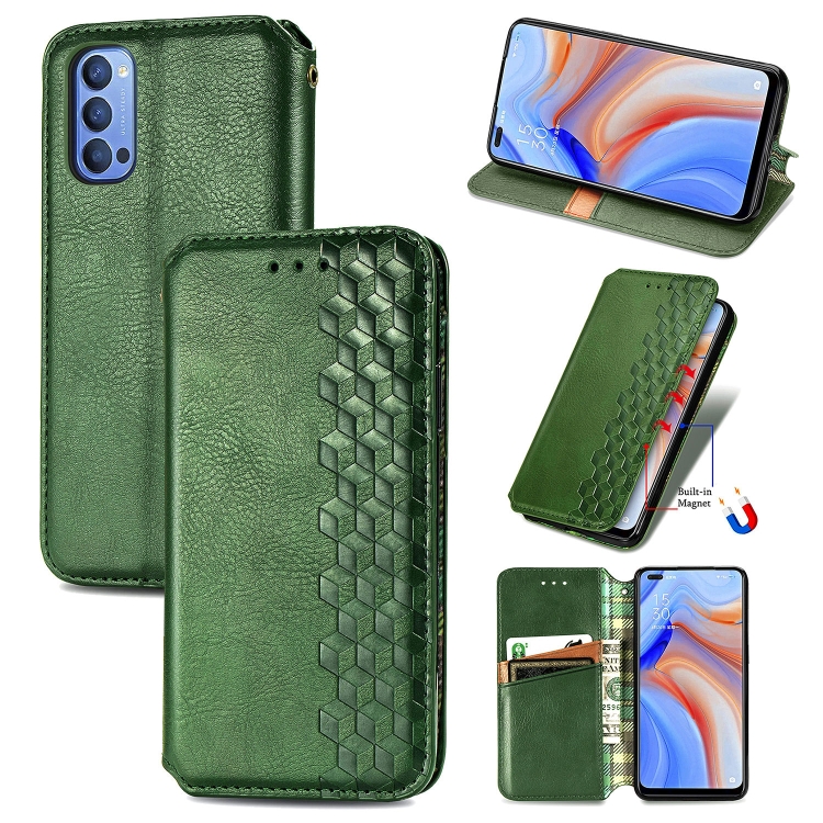 

For OPPO Reno 4 4G Cubic Grid Pressed Horizontal Flip Magnetic PU Leather Case with Holder & Card Slots & Wallet(Green)