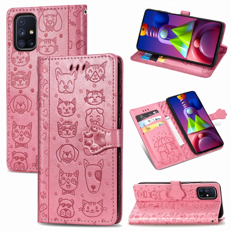 

For Samsung Galaxy M51 Cute Cat and Dog Embossed Horizontal Flip Leather Case with Bracket / Card Slot / Wallet / Lanyard(Pink)
