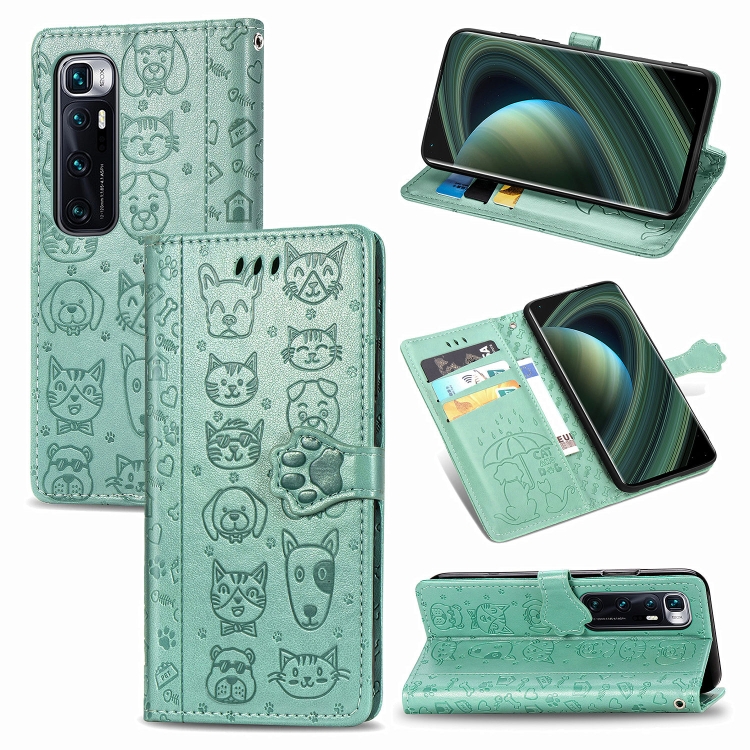 

For Xiaomi Mi 10 Ultra Cute Cat and Dog Embossed Horizontal Flip Leather Case with Bracket / Card Slot / Wallet / Lanyard(Green)