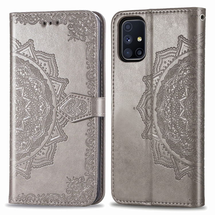 

For Galaxy M51 Mandala Flower Embossed Horizontal Flip Leather Case with Bracket / Card Slot / Wallet / Lanyard(Gray)