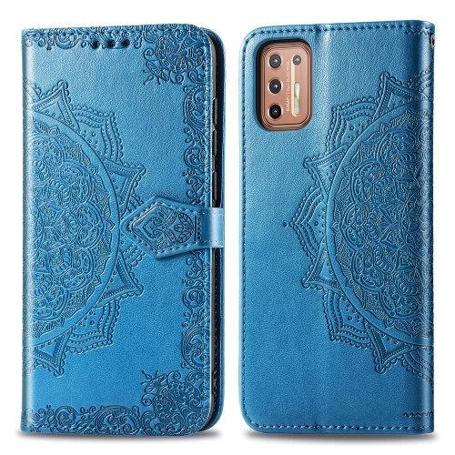 

For Motorola Moto G9 Plus Embossed Mandala Pattern TPU + PU Horizontal Flip Leather Case with Holder & Three Card Slots & Wallet(Blue)