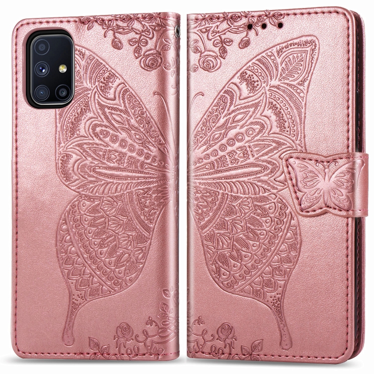 

For Galaxy M51 Butterfly Love Flower Embossed Horizontal Flip Leather Case with Bracket / Card Slot / Wallet / Lanyard(Rose Gold)