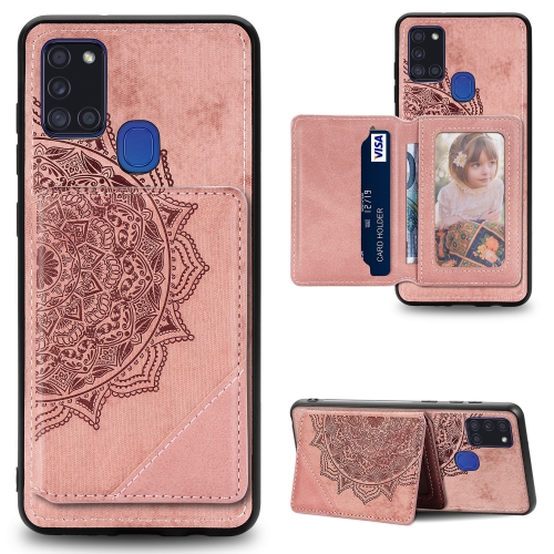 

For Galaxy A21S Mandala Embossed Magnetic Cloth Case with Holder & Card Slots & Wallet & Photo Frame(Rose Gold)