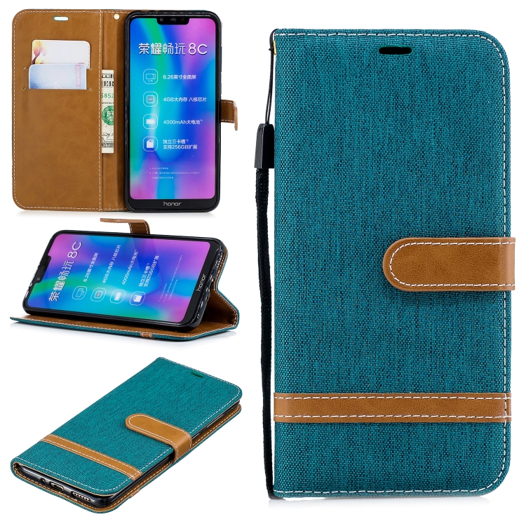 

Color Matching Denim Texture Leather Case for Huawei Honor 8C, with Holder & Card Slots & Wallet & Lanyard(Green)