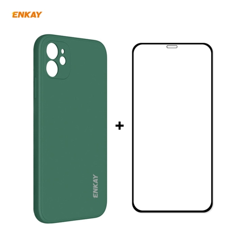 

For iPhone 11 Hat-Prince ENKAY ENK-PC0642 Liquid Silicone Straight Edge Shockproof Protective Case + 0.26mm 9H 2.5D Full Glue Full Coverage Tempered Glass Protector Film(Dark Green)