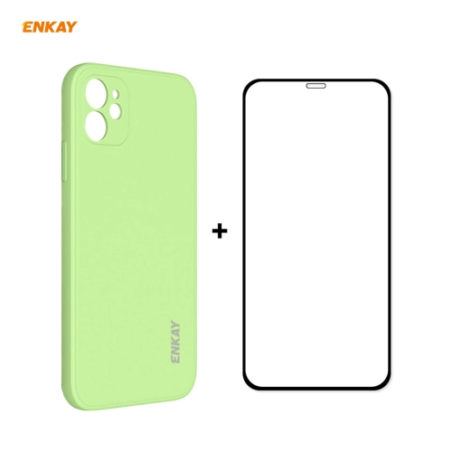 

For iPhone 11 Hat-Prince ENKAY ENK-PC0642 Liquid Silicone Straight Edge Shockproof Protective Case + 0.26mm 9H 2.5D Full Glue Full Coverage Tempered Glass Protector Film(Light Green)