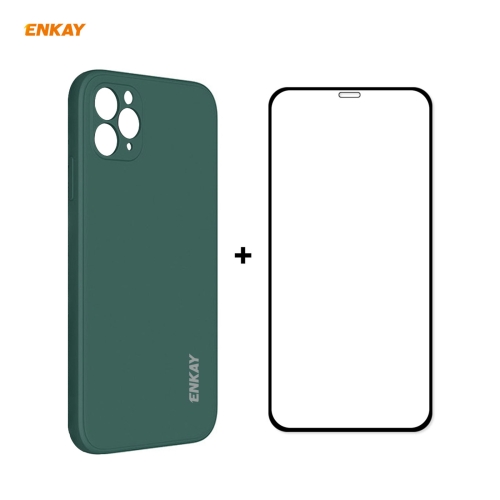 

For iPhone 11 Pro Max Hat-Prince ENKAY ENK-PC0662 Liquid Silicone Straight Edge Shockproof Protective Case + 0.26mm 9H 2.5D Full Glue Full Coverage Tempered Glass Protector Film(Dark Green)