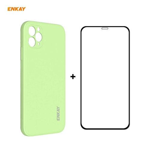 

For iPhone 11 Pro Max Hat-Prince ENKAY ENK-PC0662 Liquid Silicone Straight Edge Shockproof Protective Case + 0.26mm 9H 2.5D Full Glue Full Coverage Tempered Glass Protector Film(Light Green)