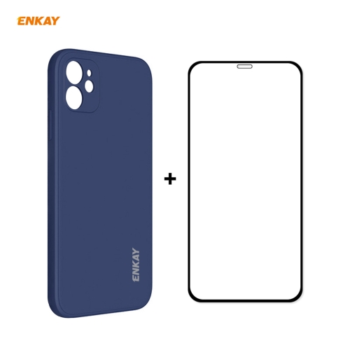 

For iPhone 12 mini Hat-Prince ENKAY ENK-PC0672 Liquid Silicone Straight Edge Shockproof Case + 0.26mm 9H 2.5D Full Glue Tempered Glass Film(Dark Blue)