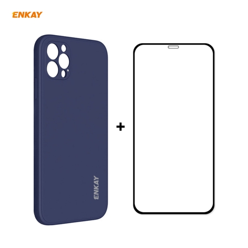 

For iPhone 12 Pro Hat-Prince ENKAY ENK-PC0692 Liquid Silicone Straight Edge Shockproof Case + 0.26mm 9H 2.5D Full Glue Tempered Glass Film(Dark Blue)