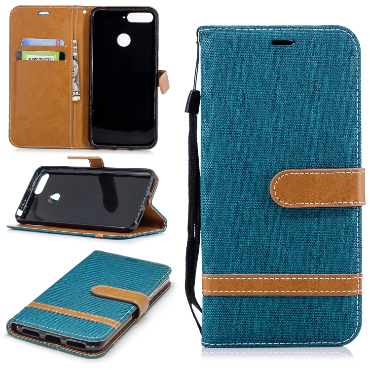 

Color Matching Denim Texture Leather Case for Huawei Honor 7A & Y6 (2018), with Holder & Card Slots & Wallet & Lanyard(Green)