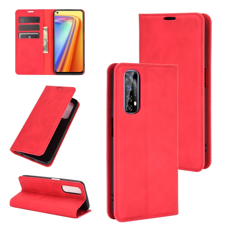 

For OPPO Realme 7 Retro-skin Business Magnetic Suction Leather Case with Holder & Card Slots & Wallet(Red)