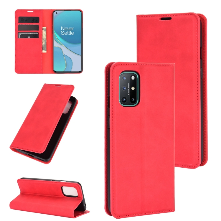 

For OnePlus 8T Retro-skin Business Magnetic Suction Leather Case with Holder & Card Slots & Wallet(Red)