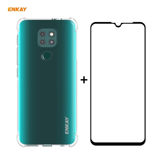 

For Motorola Moto G9 / G9 Play Hat-Prince ENKAY Clear TPU Shockproof Case Soft Anti-slip Cover + 0.26mm 9H 2.5D Full Glue Full Coverage Tempered Glass Protector Film