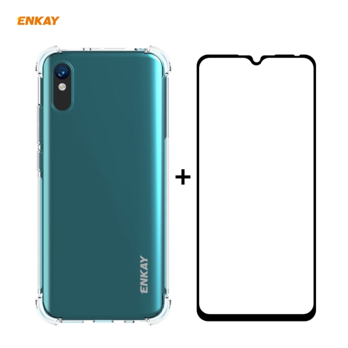 

For Xiaomi Redmi 9A Hat-Prince ENKAY Clear TPU Shockproof Case Soft Anti-slip Cover + 0.26mm 9H 2.5D Full Glue Full Coverage Tempered Glass Protector Film