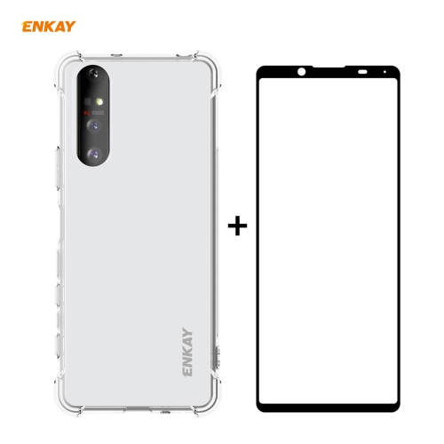 

For Sony Xperia 5 II Hat-Prince ENKAY Clear TPU Shockproof Case Soft Anti-slip Cover + 0.26mm 9H 2.5D Full Glue Full Coverage Tempered Glass Protector Film